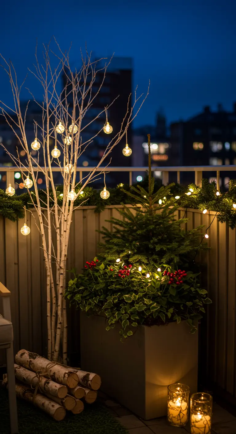 City balcony at dusk with a planter containing birch branches, evergreens, and lights.