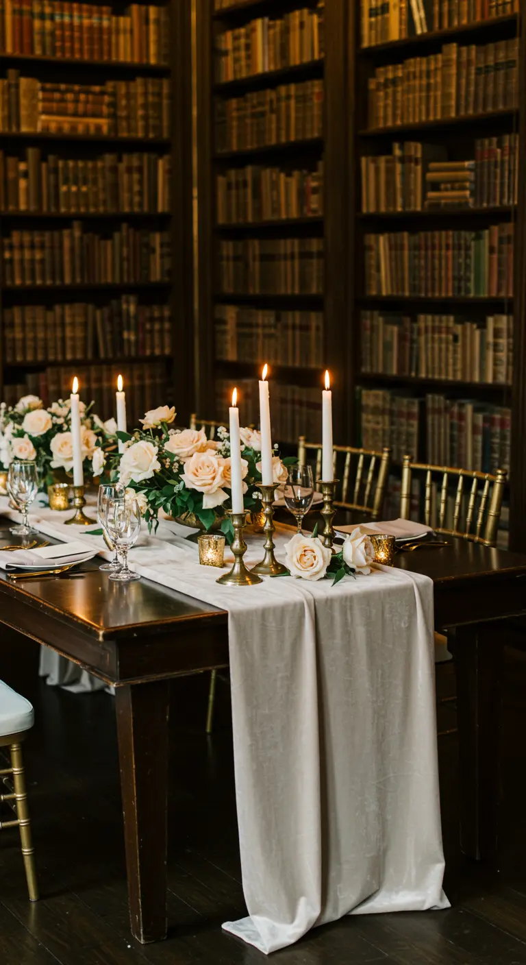 Elegant wedding table in a library with cream roses, brass candlesticks, and a velvet runner.