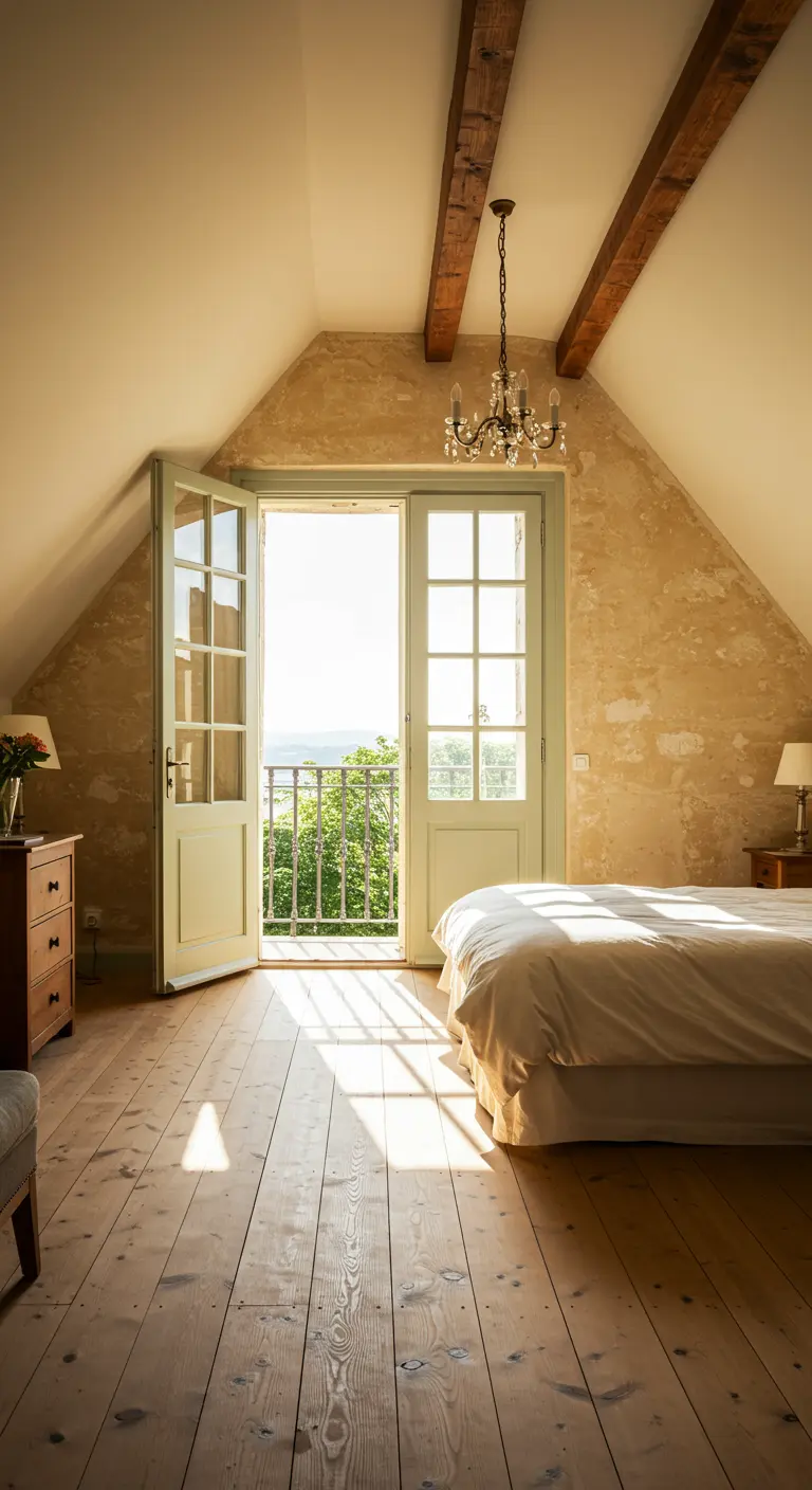 A sunlit bedroom with rustic walls and french doors opening to a balcony.
