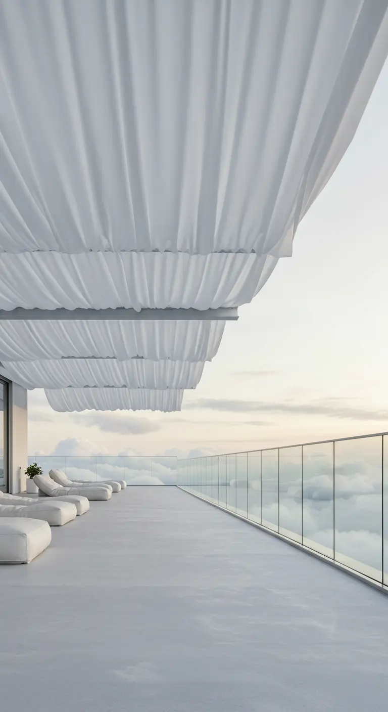 A terrace high in the clouds with white lounge seating under a billowing white fabric canopy.