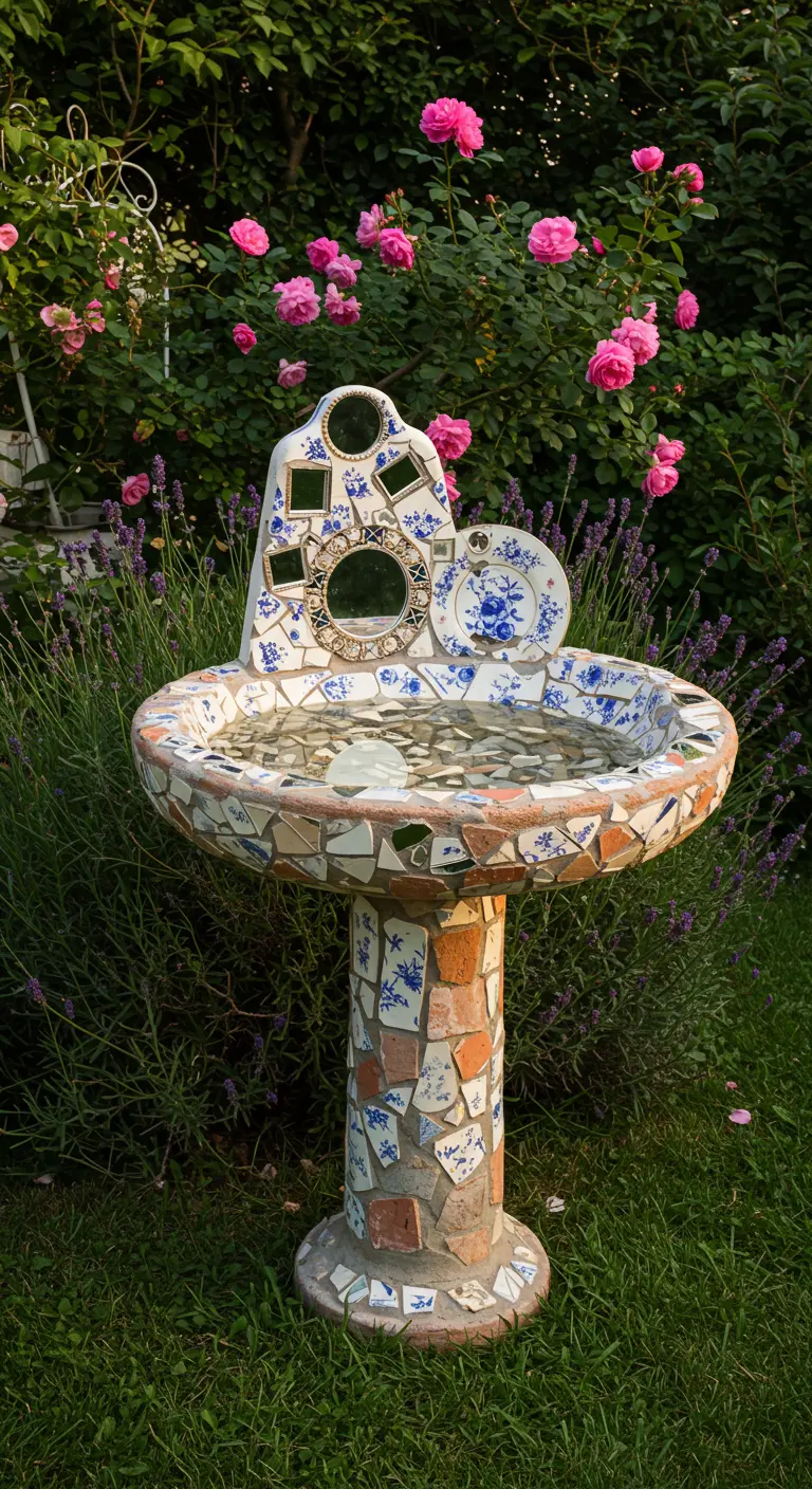 A mosaic birdbath made from blue and white broken china, set among pink roses and lavender.