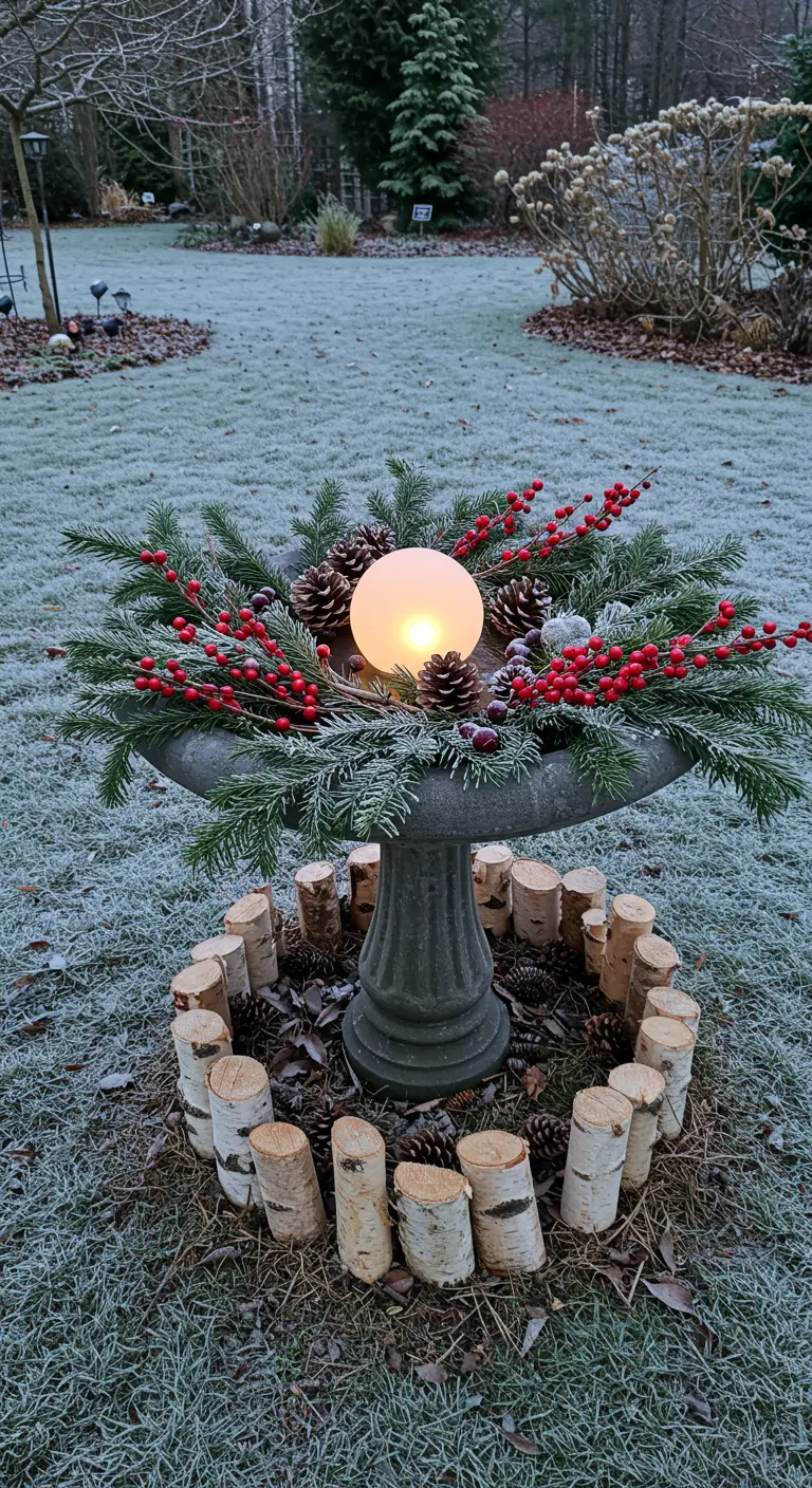 A stone birdbath filled with evergreens, red berries, pinecones, and a central glowing orb.