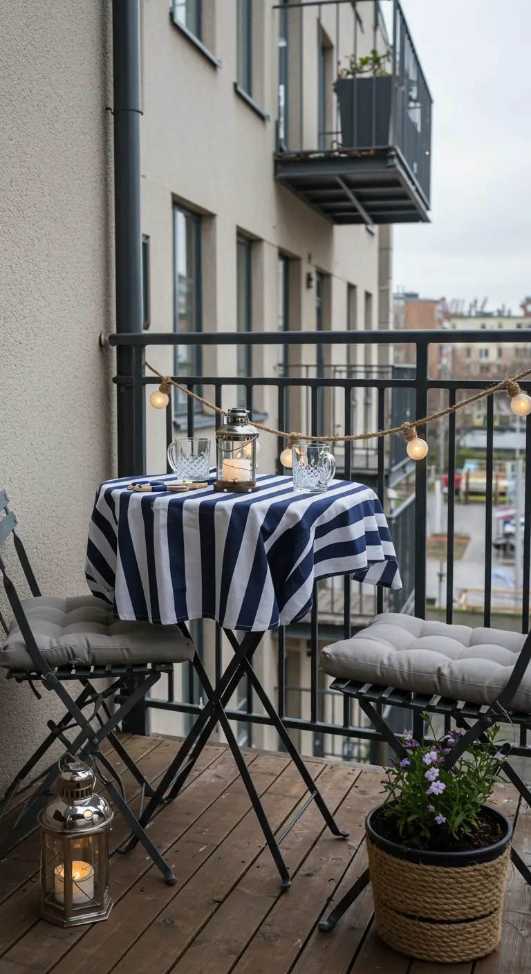 Small apartment balcony with a striped tablecloth on a bistro table and string lights.