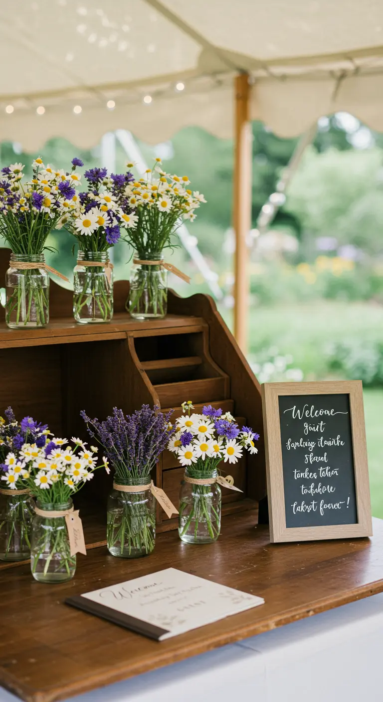 A wooden desk used as a wedding welcome table, decorated with Mason jars of wildflowers.
