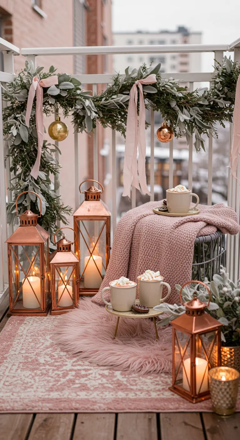 A romantic pink and copper themed balcony with a pink rug, copper lanterns, and hot cocoa.