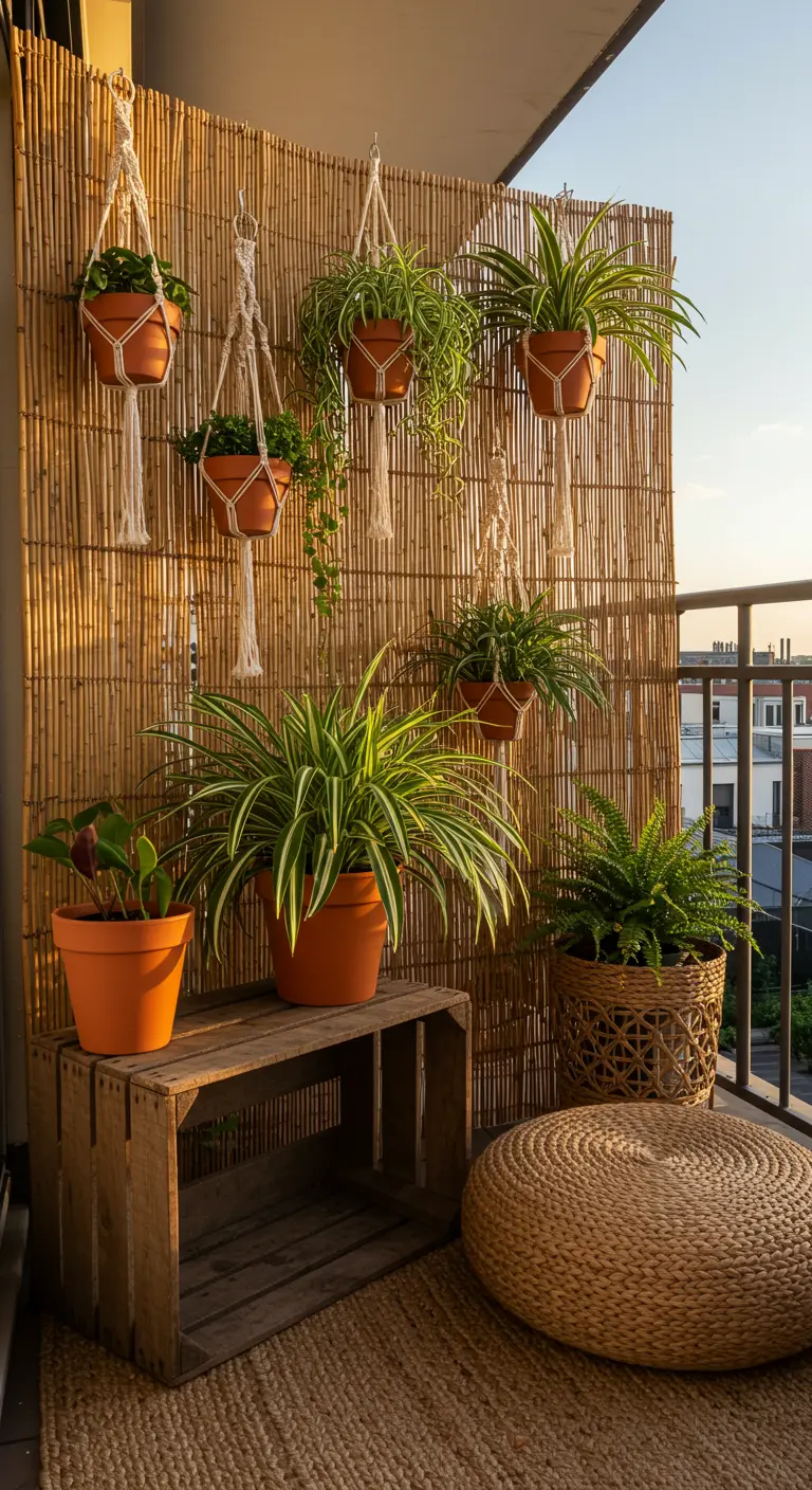 A balcony with a bamboo screen, macrame plant hangers, and natural fiber decor.