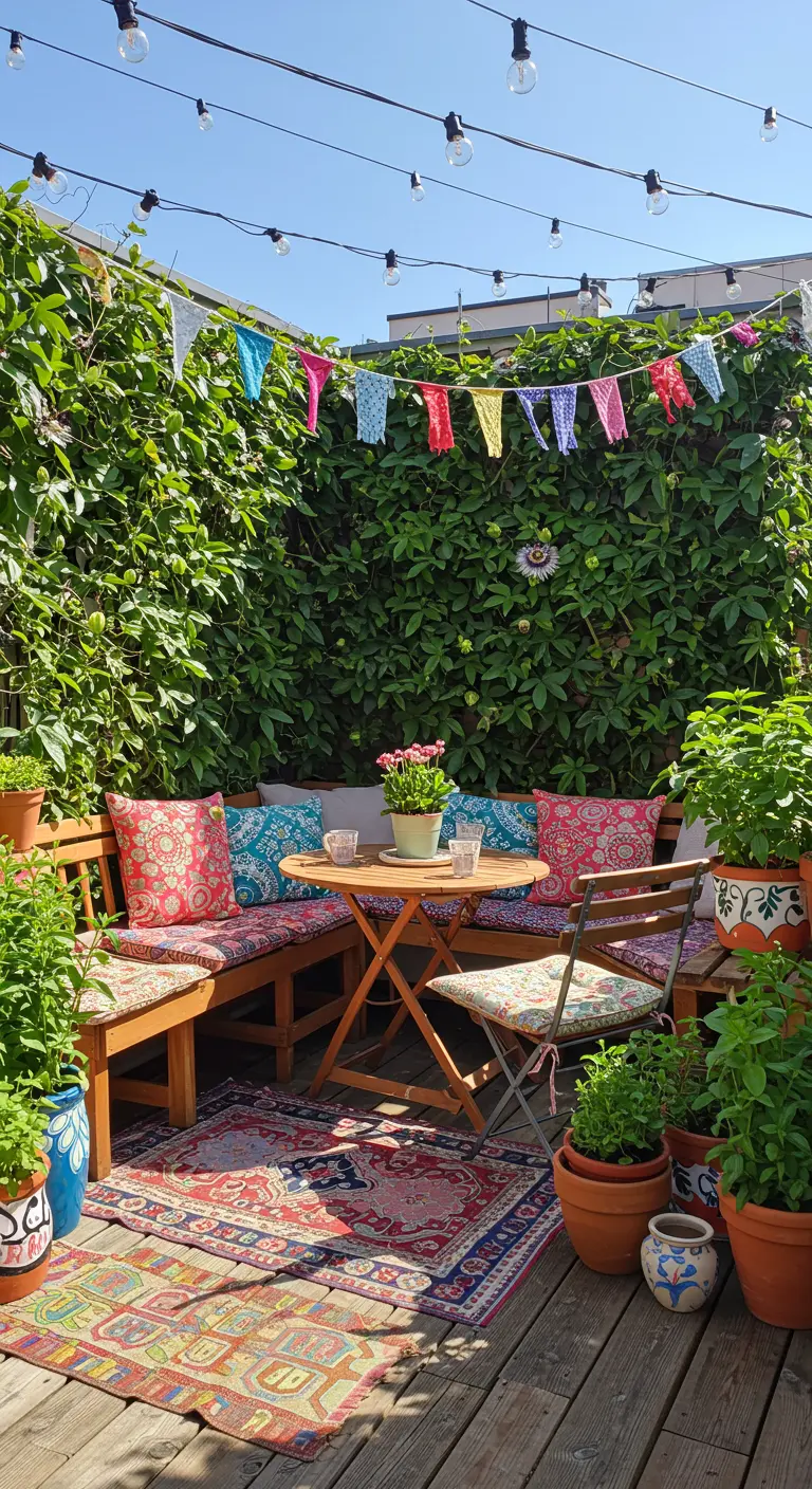A colorful boho-style rooftop corner with layered rugs, patterned cushions, and climbing plants.