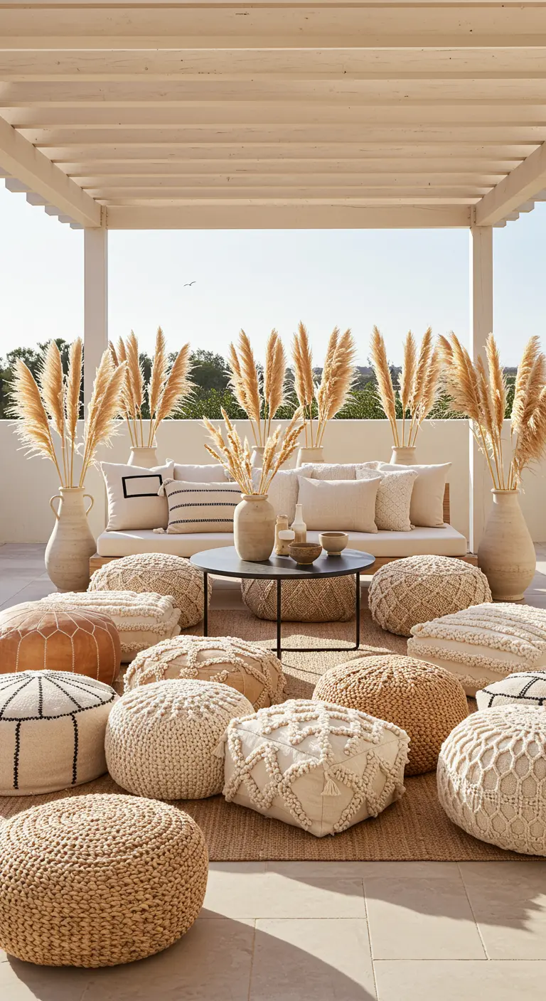 A collection of neutral-toned, highly textured poufs on a patio with pampas grass.