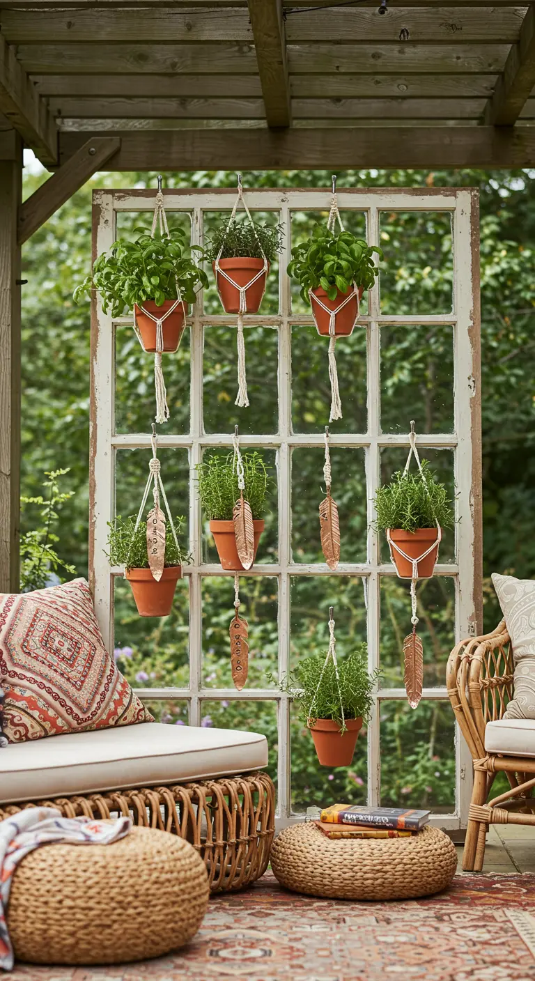 A white window frame used as a backdrop for hanging terracotta pots in macrame holders in a boho patio.