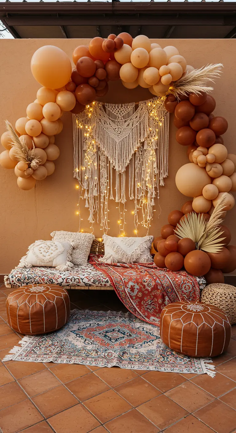 A boho-themed patio with an earth-toned balloon arch, macrame wall hanging, and cozy floor seating.