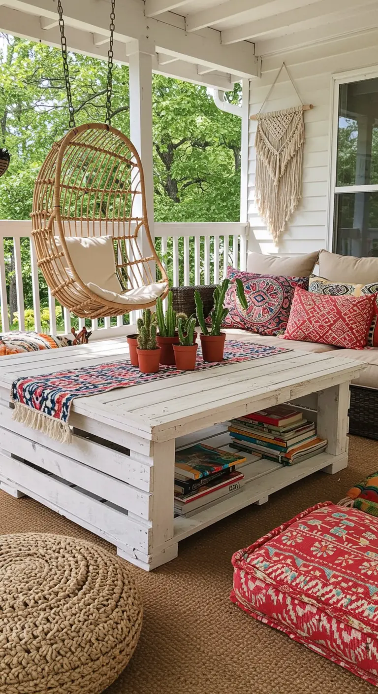 White painted crate coffee table on a porch with a hanging chair and boho pillows.