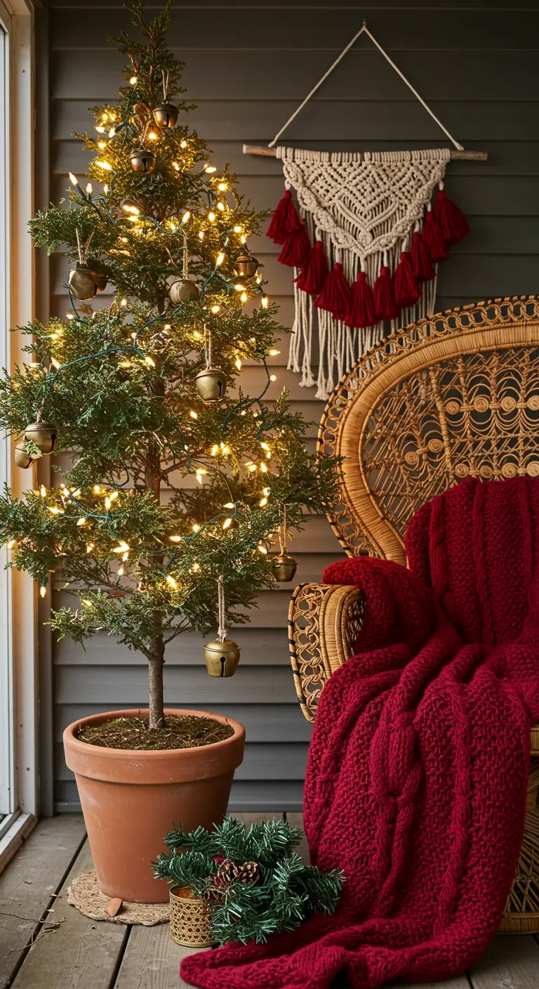 A mini tree with brass bells next to a wicker chair with a red throw.
