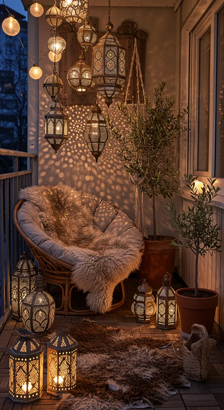 Bohemian balcony with a cascade of hanging Moroccan lanterns and a cozy papasan chair.