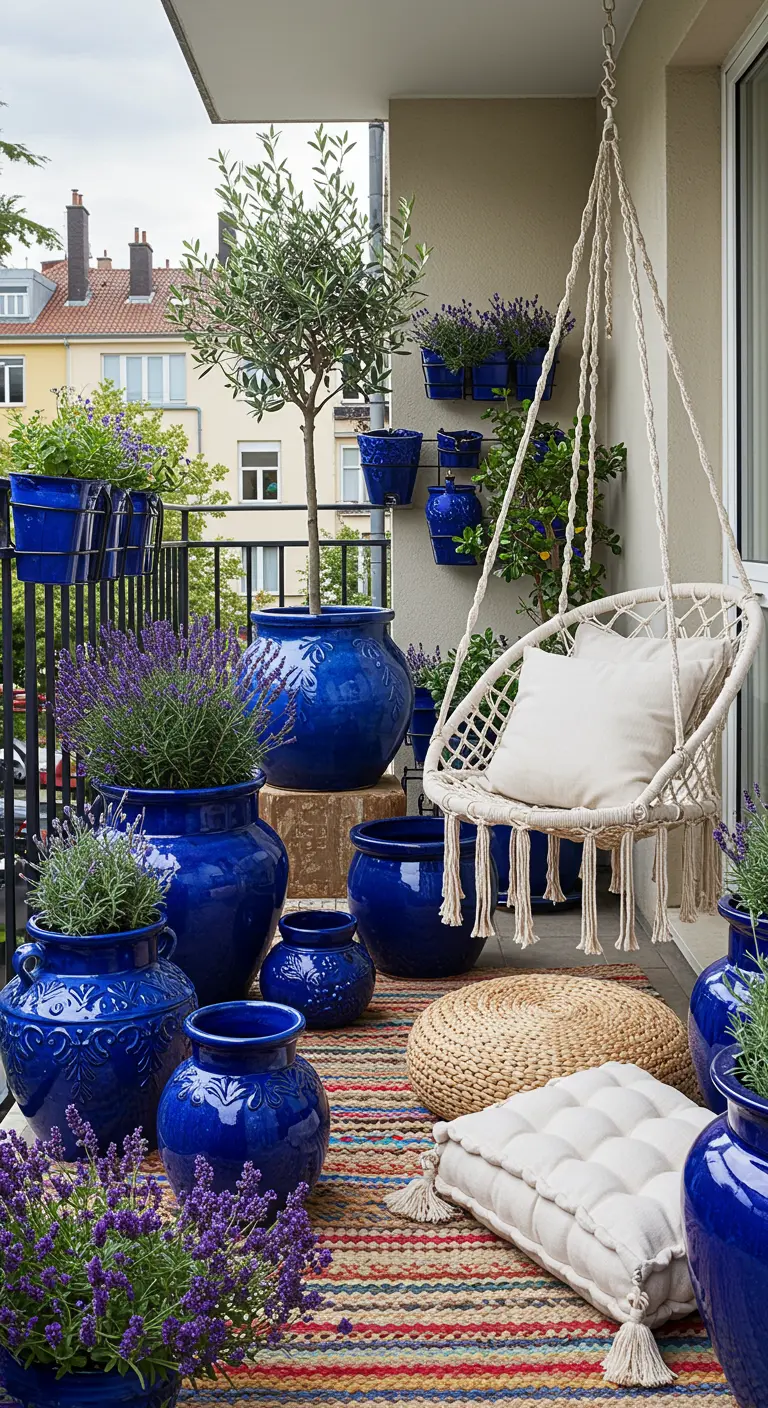 Bohemian balcony with a hanging chair, patterned rug, and a cluster of ornate blue pots.