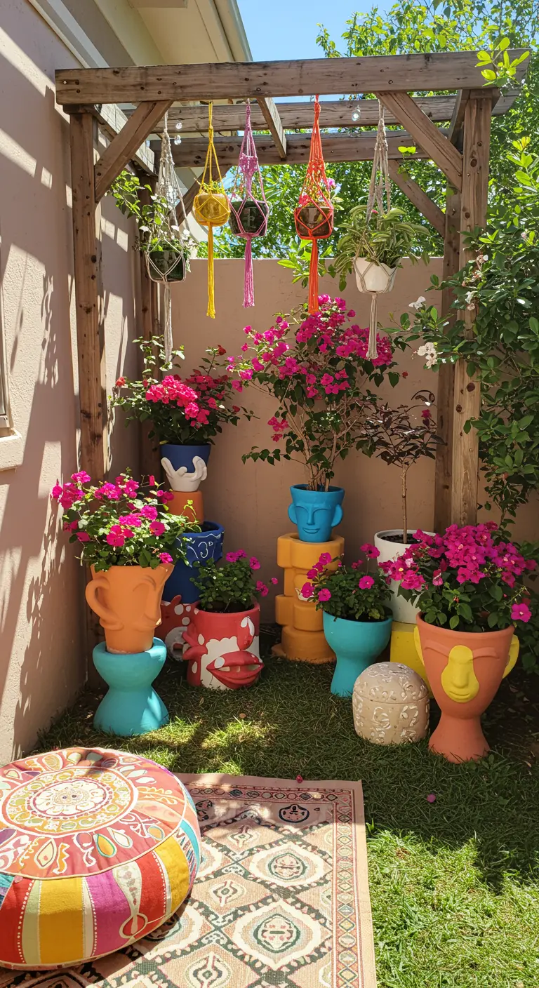 Colorful garden corner with a wooden pergola, macrame hangers, and bright face-shaped planters.