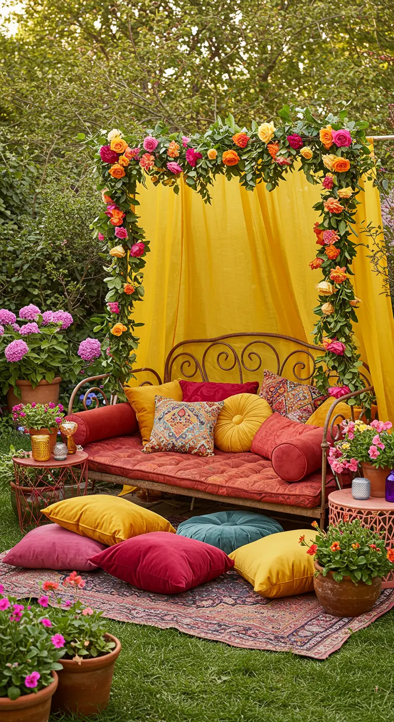 A colorful daybed with yellow drapes, a floral arch, and many jewel-toned pillows.