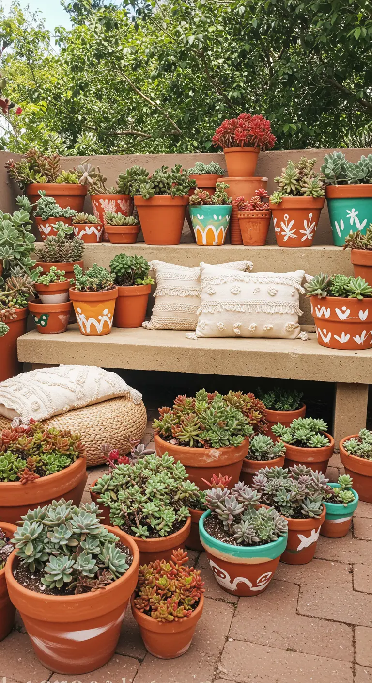 Tiered concrete benches overflowing with a collection of terracotta pots filled with colorful succulents.