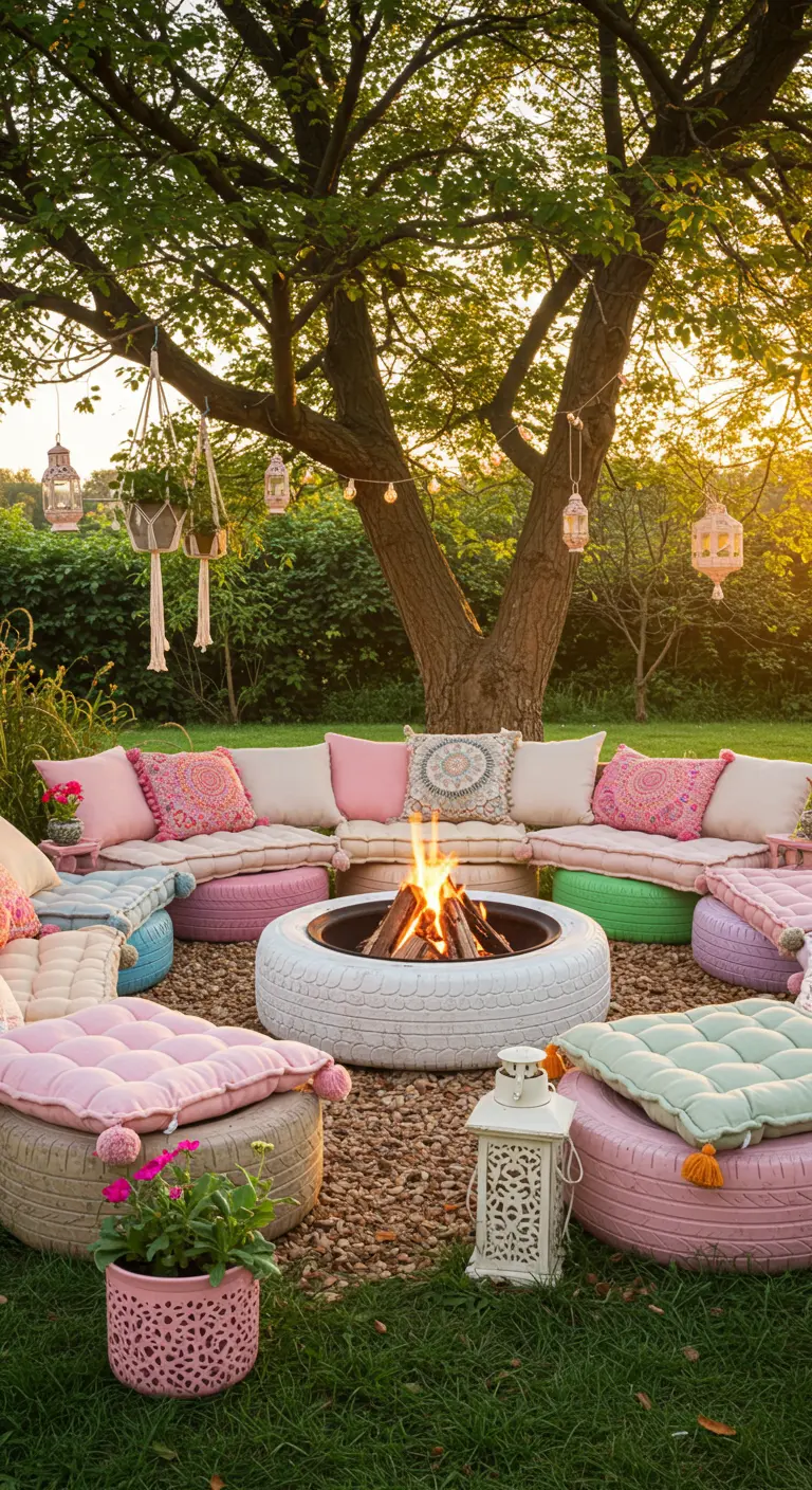 Bohemian fire pit area with pastel-painted tire seats, pink cushions, and hanging lanterns.