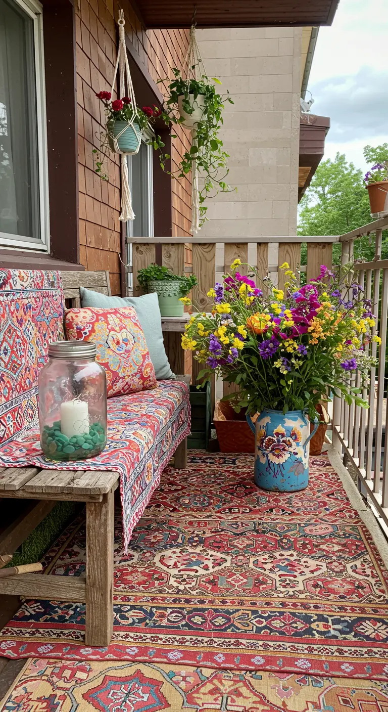 A balcony with a colorful patterned rug and a bench covered in a matching bohemian-style fabric.