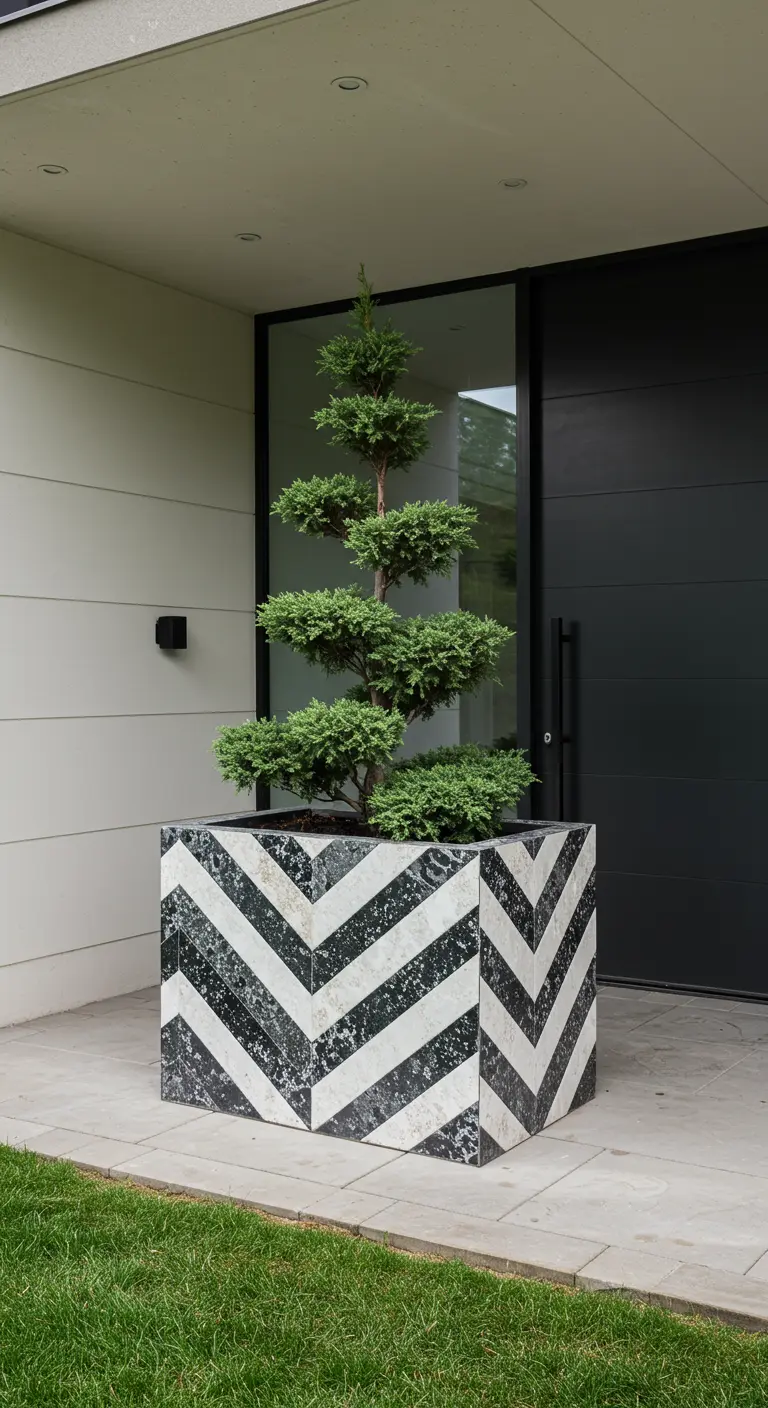 A large concrete planter with a bold black and white marble chevron mosaic at a modern home's entrance.