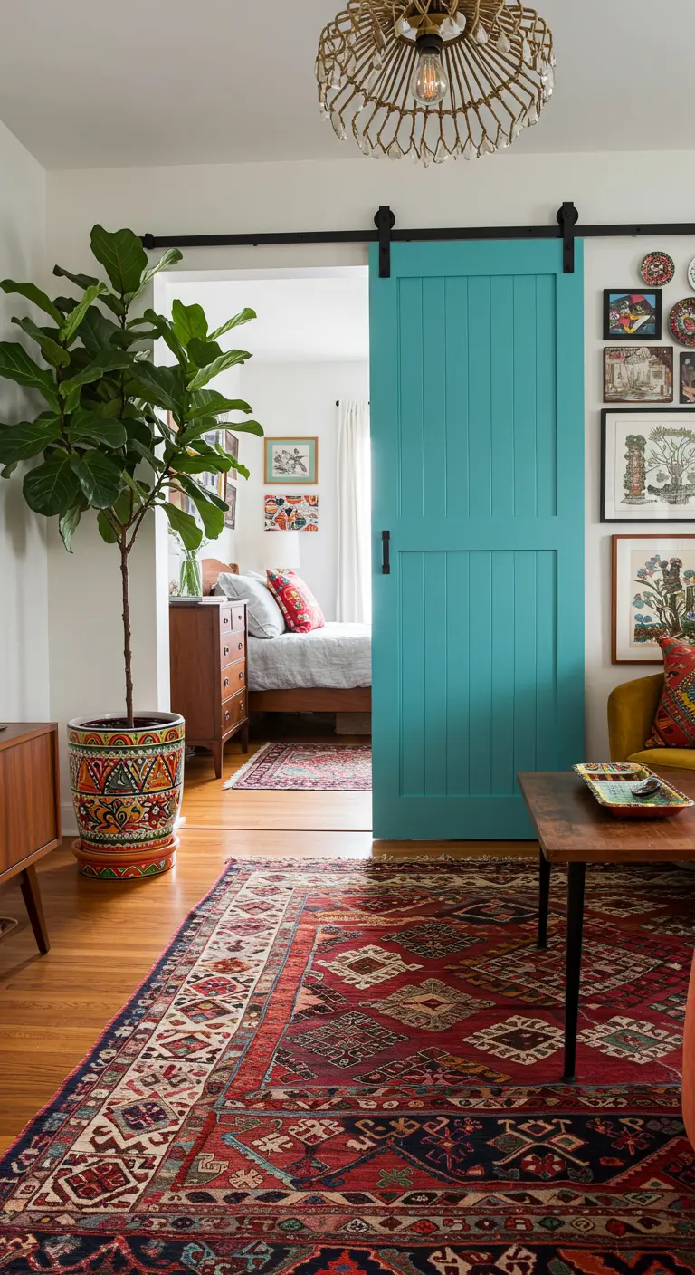Eclectic living room with a bright turquoise barn door, colorful rug, and gallery wall.