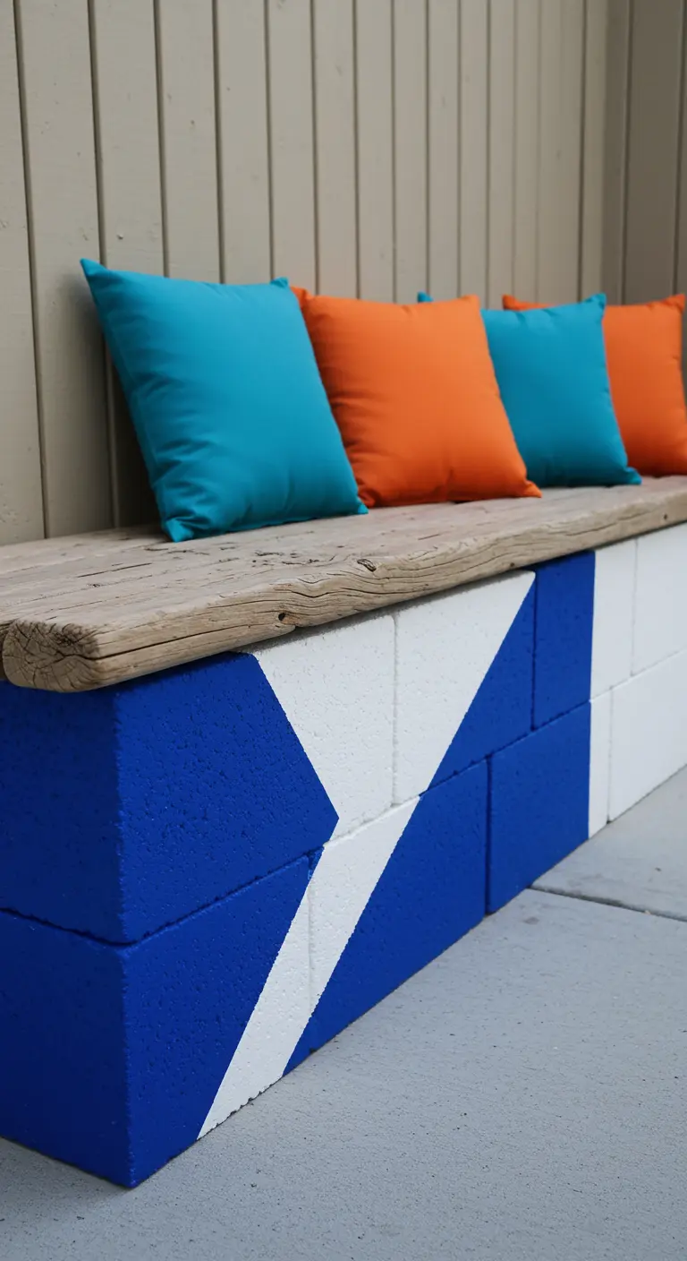 A cinder block bench base painted with a bold blue and white geometric pattern.