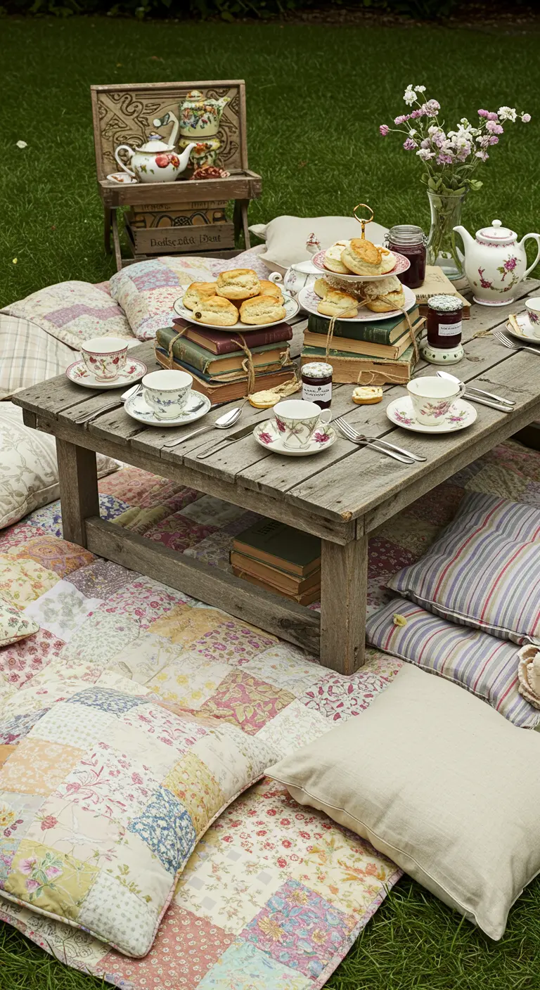 Literary-themed picnic with stacks of books used as serving stands on a quilt.