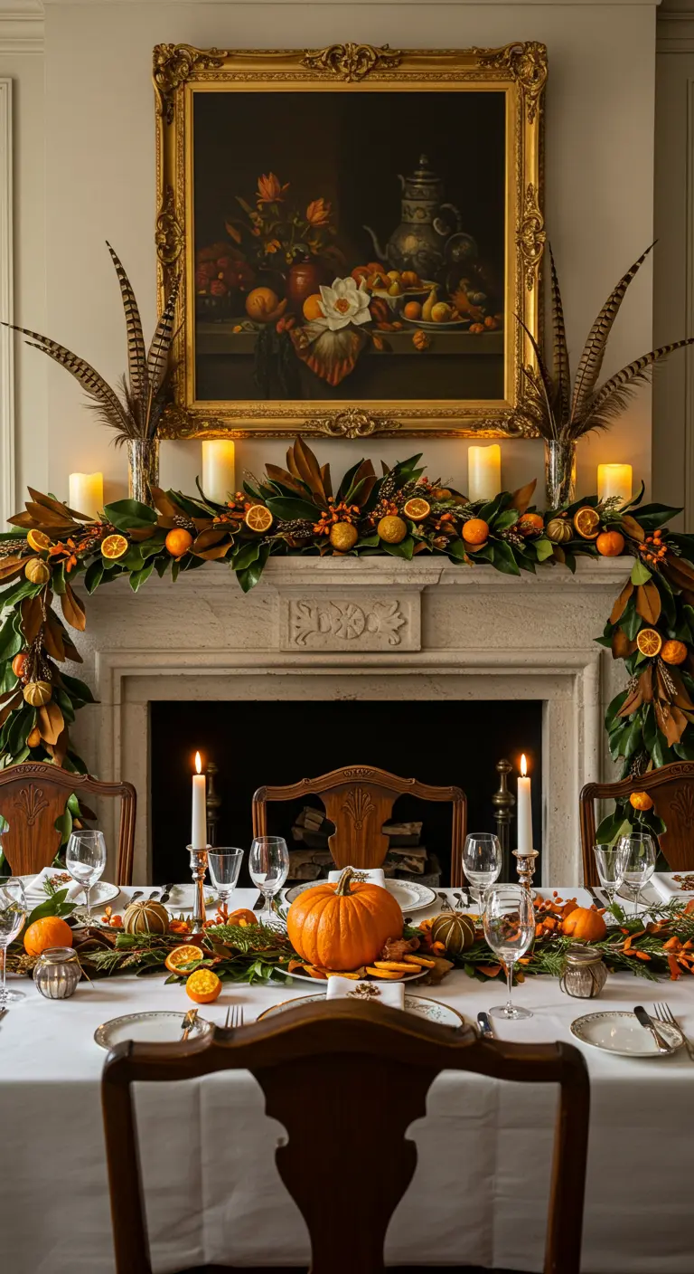 Ornate mantel with a magnolia and orange slice garland and a classic painting.