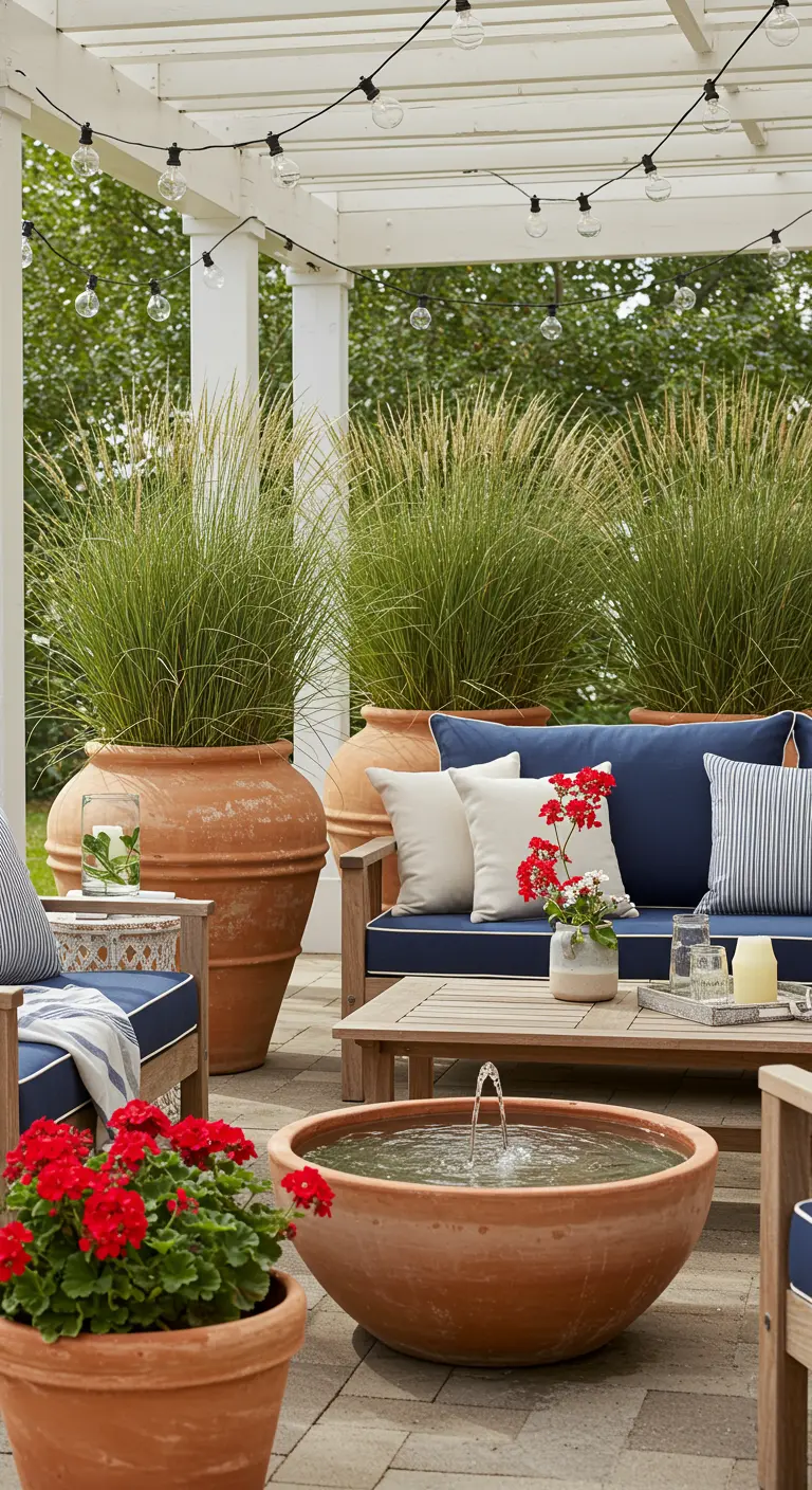 A coastal-style patio with navy cushions, large terracotta urns with grasses, and a bowl fountain.