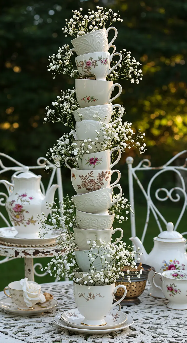 Tall, elegant tower of white and floral teacups filled with baby's breath on a garden table.