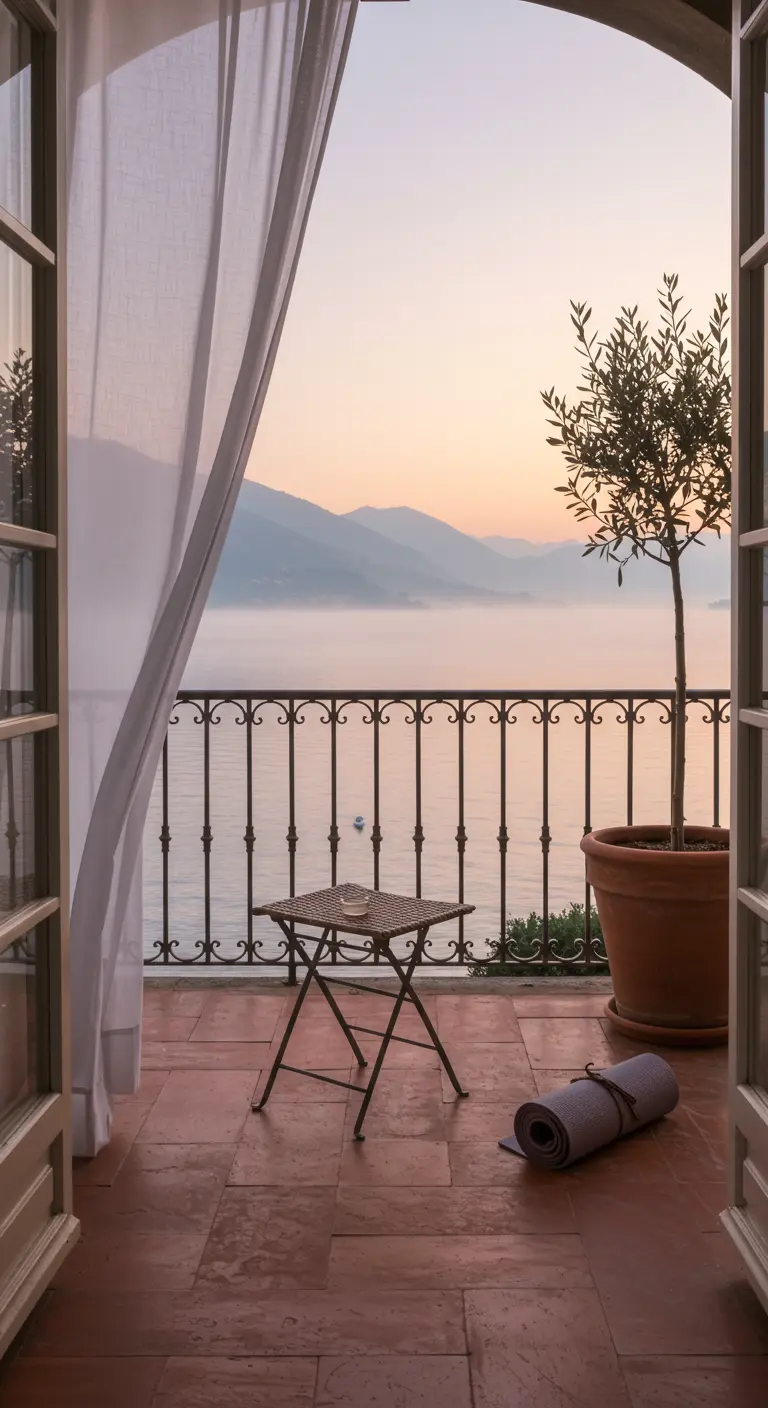 View from a bedroom onto a balcony with an olive tree, a bistro table, and a yoga mat.