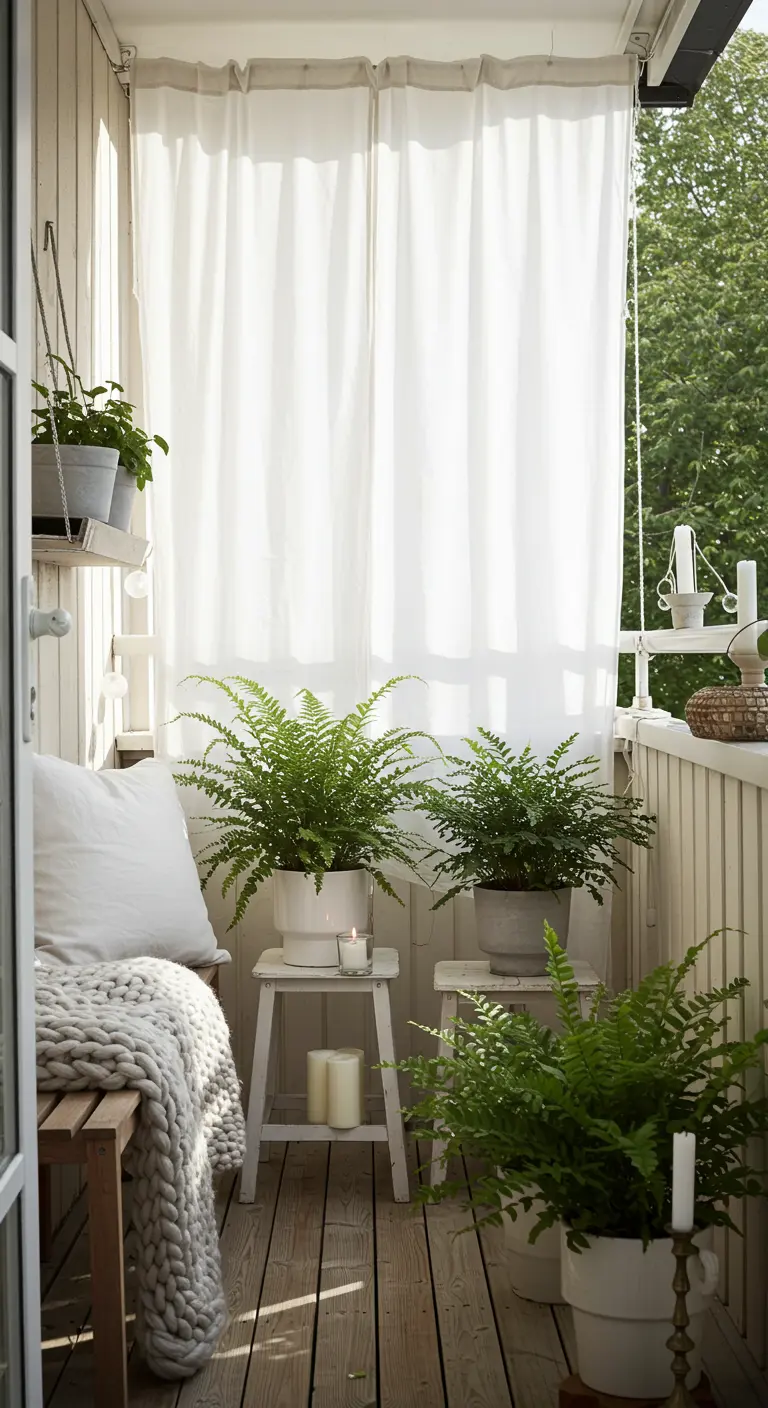Bright, airy balcony with white curtains, white fern planters, and a chunky knit throw.