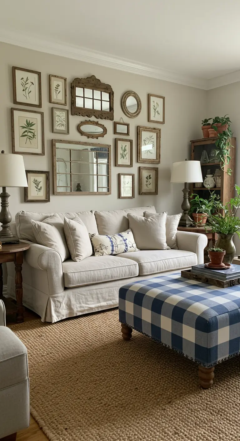 Farmhouse living room with botanical prints, windowpane mirrors, and a blue buffalo check ottoman.