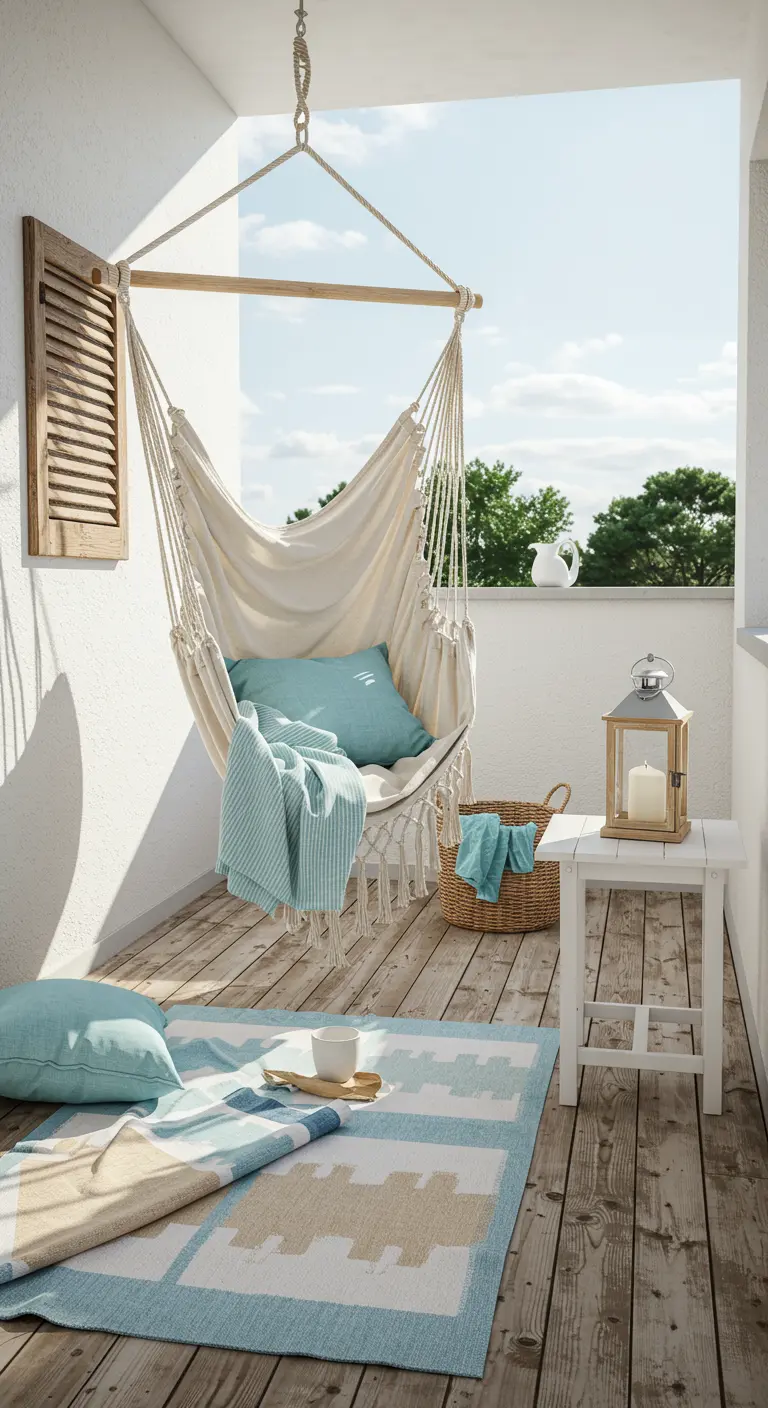 Bright balcony with a white hammock chair, a light blue and beige rug, and a simple lantern.
