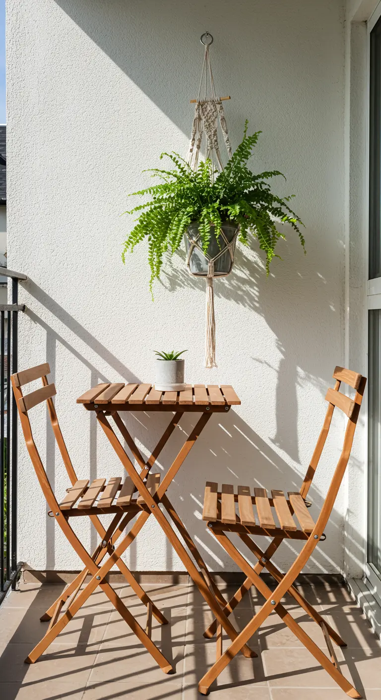 A lush Boston fern in a macramé hanger above a teak bistro set.