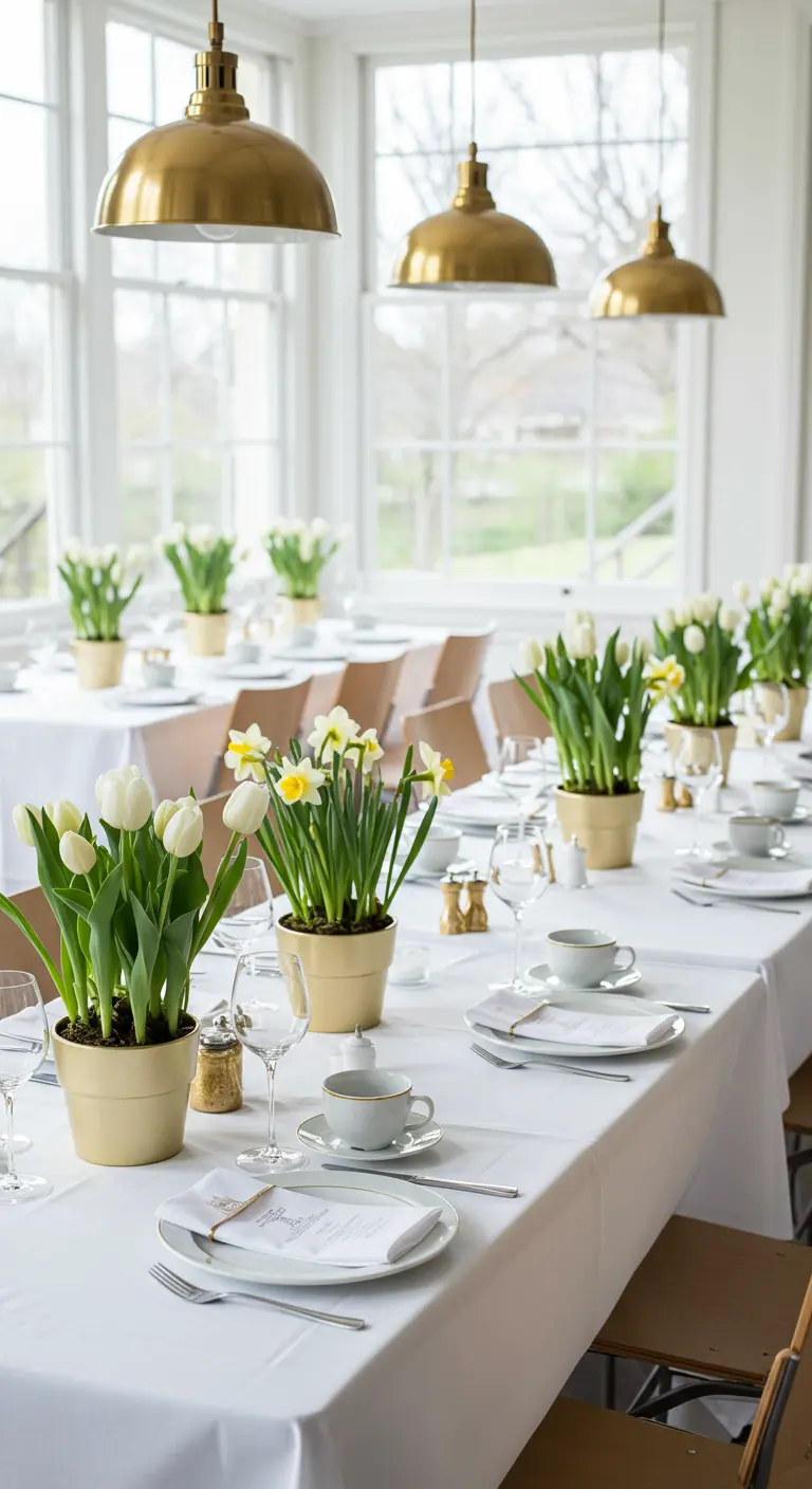 A bright dining room with tables set with potted white tulips in gold pots.