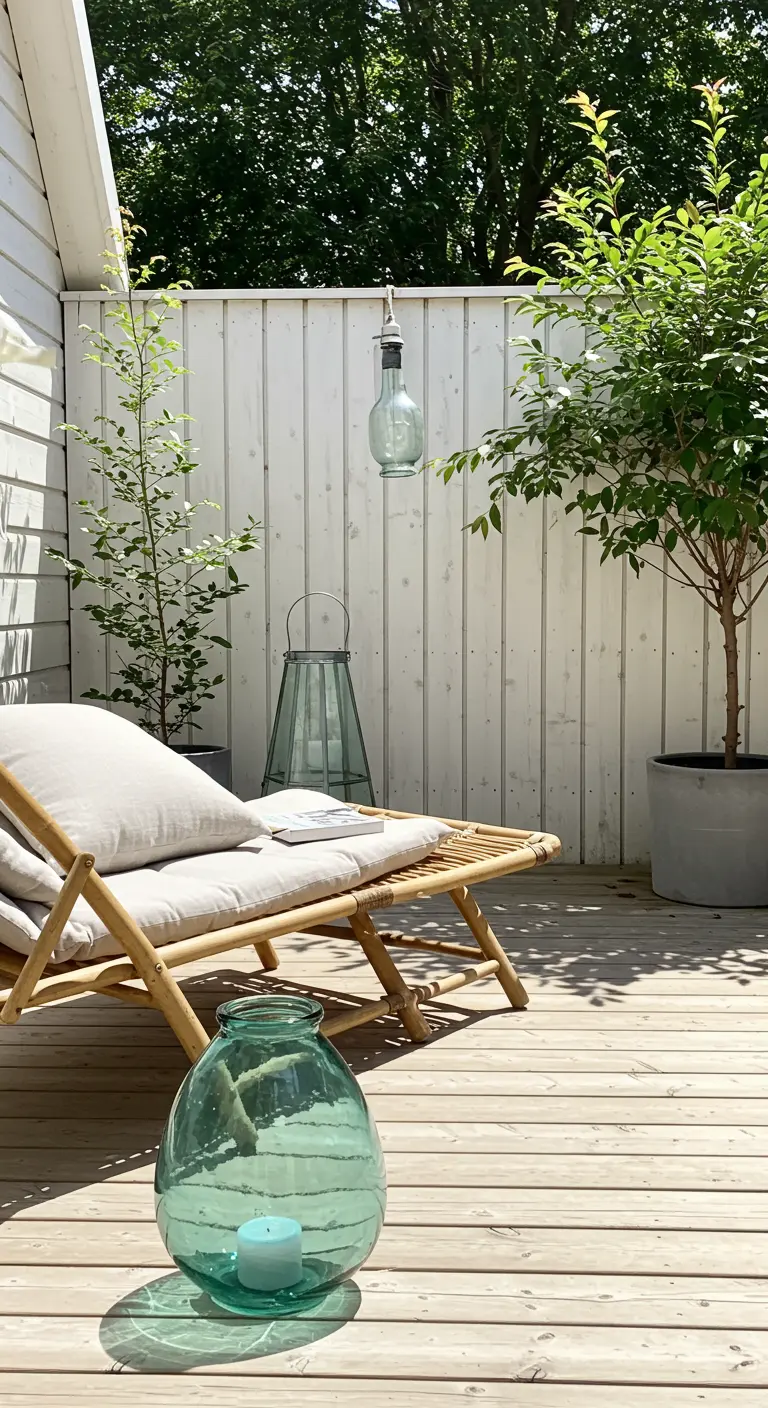 A bamboo lounger on a light wood deck with simple green glass lanterns and potted trees.