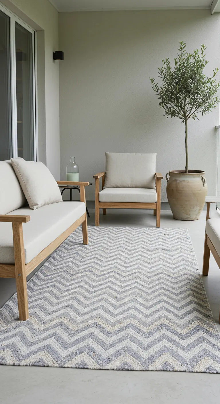A serene balcony with a neutral-toned chevron rug, light wood furniture, and a potted olive tree.
