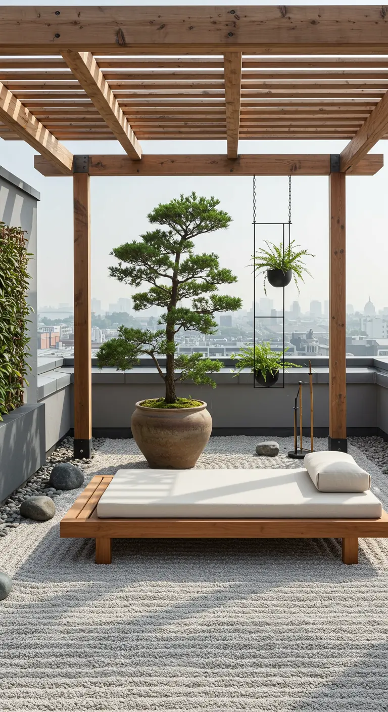Minimalist Zen rooftop garden with a wooden daybed, raked gravel, and a bonsai pine tree.