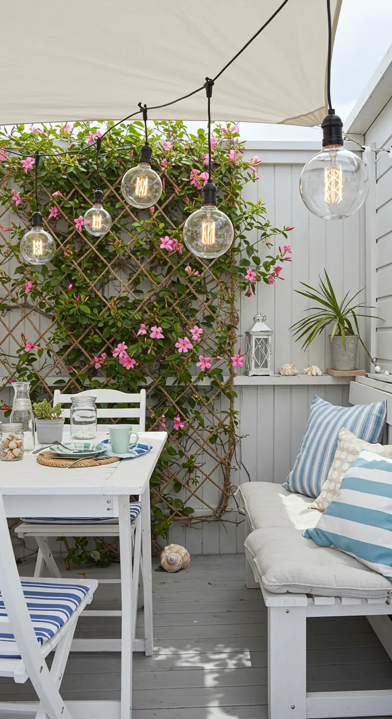 A coastal-themed patio with white furniture, a rope trellis, and blue striped cushions.