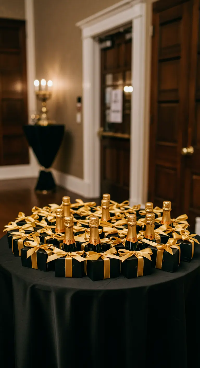A collection of mini champagne bottles in black boxes tied with gold ribbons, arranged on a table.