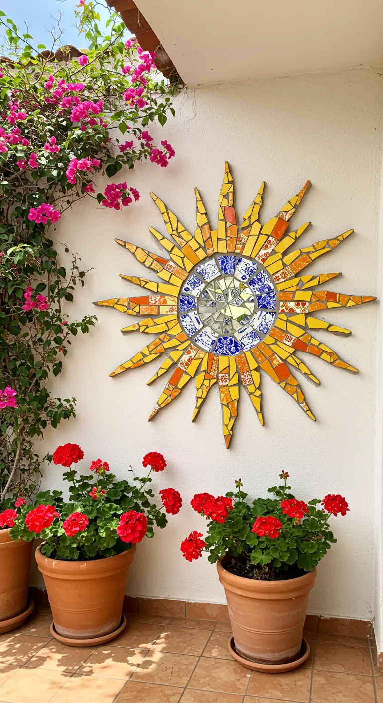 A sun-shaped mosaic wall hanging with yellow and orange tiles and a blue china center.