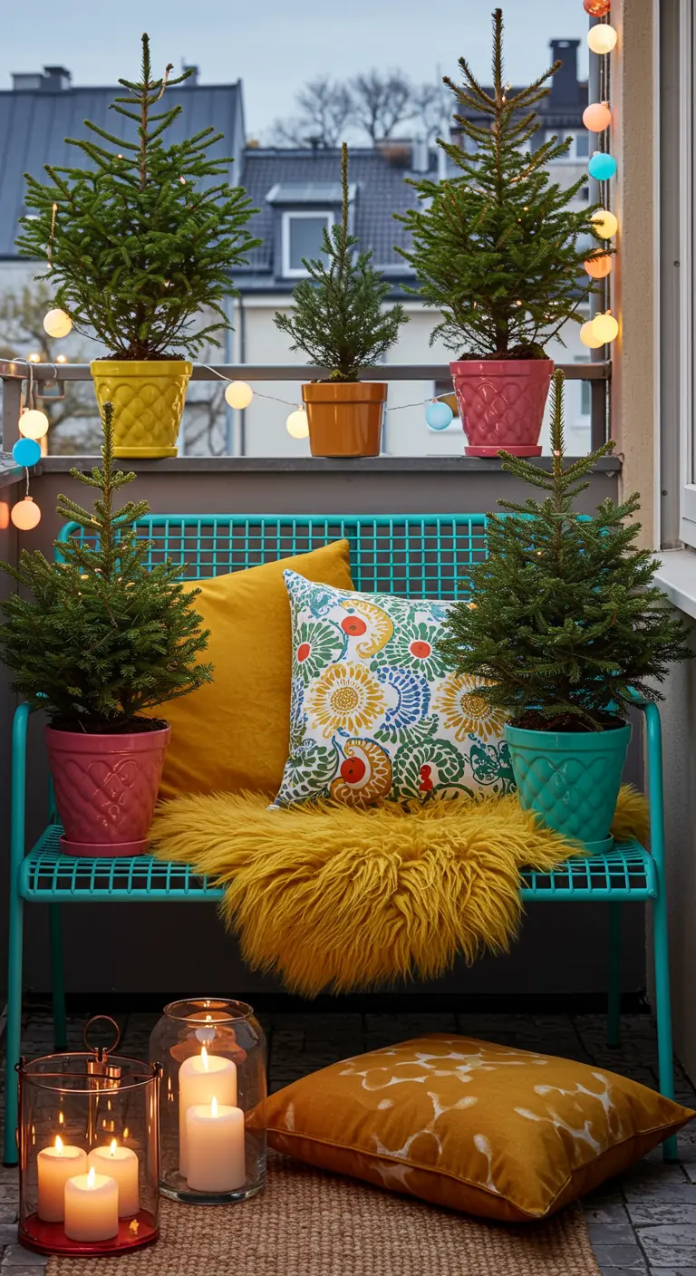 A colorful balcony with a turquoise bench, yellow fur throw, and brightly colored planters.