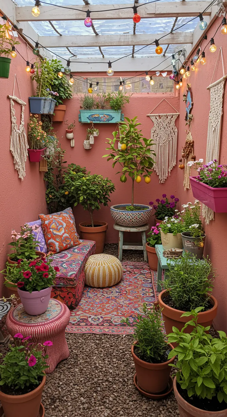 A colorful, bohemian patio with pink walls, a lemon tree, macrame hangings, and layered textiles.
