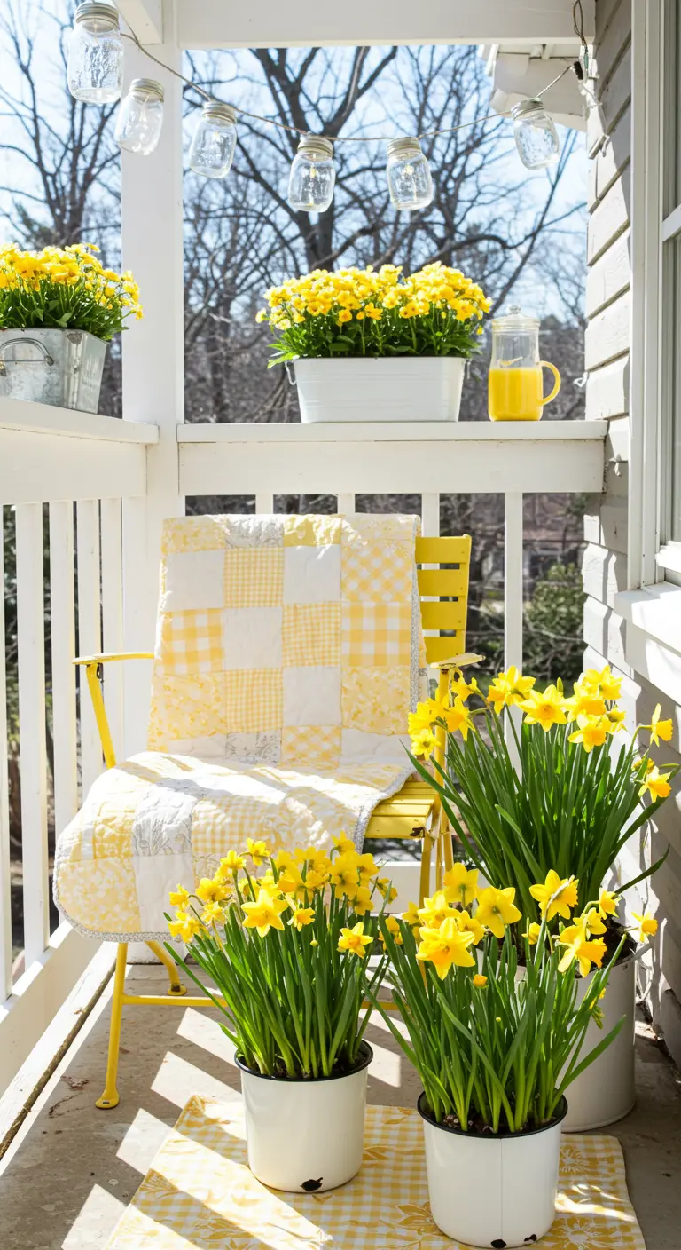 A sunny spring balcony with a yellow chair, a yellow quilt, and pots of daffodils.
