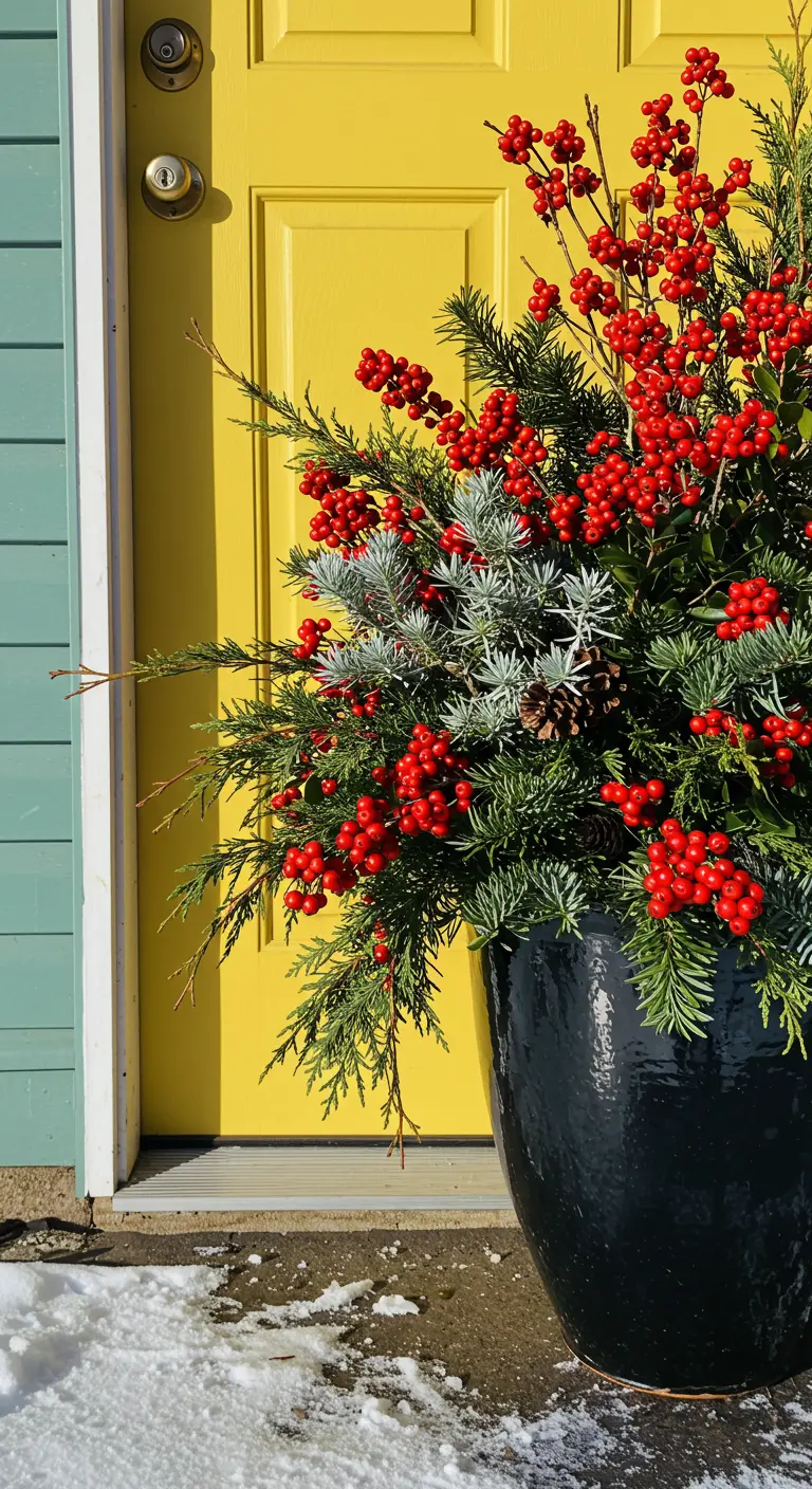 A large black planter bursting with evergreens and red berries, sitting next to a bright yellow door.
