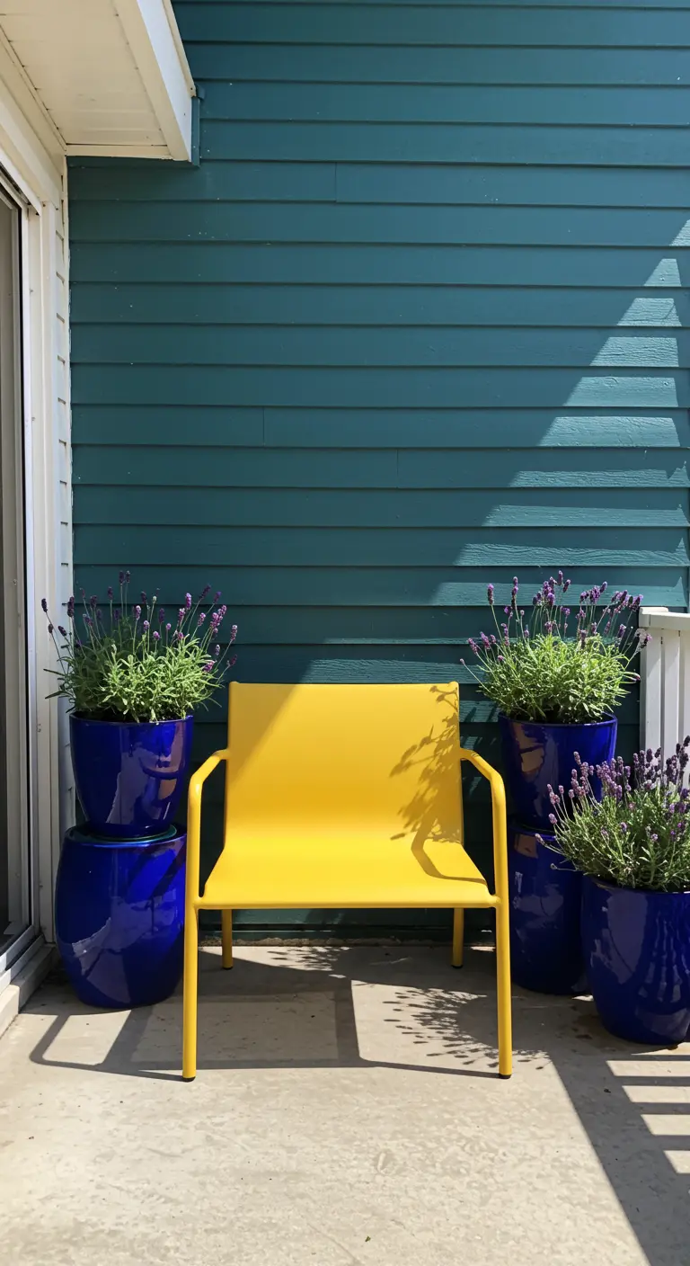 A bright yellow chair sits between glossy cobalt blue planters filled with lavender against a teal wall.