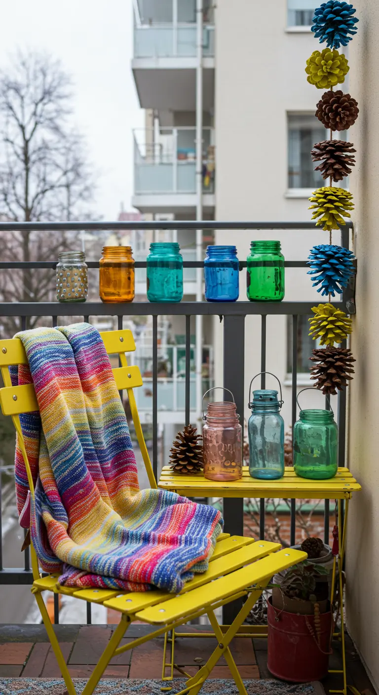 Brightly colored balcony with a yellow chair, rainbow blanket, and painted pinecones.