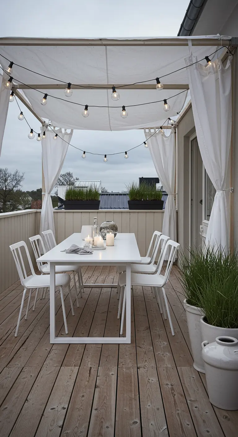 Balcony dining area with a white table, chairs, string lights, and a fabric canopy.