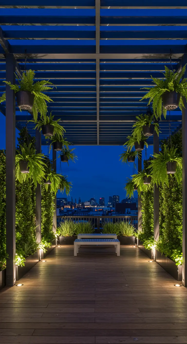 A rooftop pergola with a lush canopy of hanging ferns and other plants.